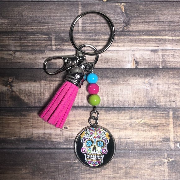 Day of the Dead Sugar Skull Tassel Key Chain Purse Charm Clip on - Picture 1 of 1